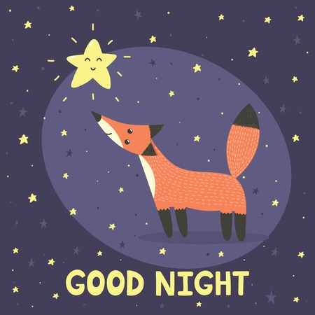 Good night card with cute fox and star. Vector illustrationのイラスト素材