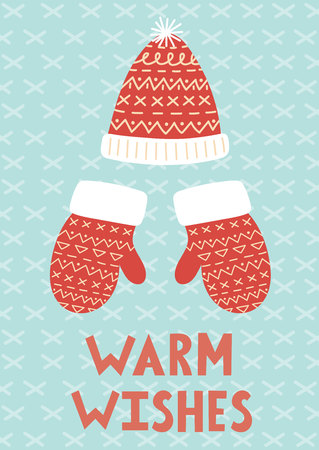 Warm Wishes Christmas greeting card with mittens and hat. Vector illustrationの写真素材