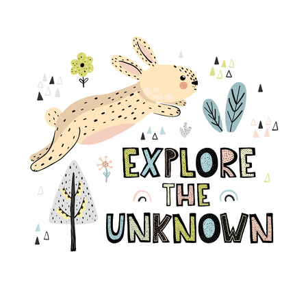 Explore the Unknown  hand drawn lettering. Cute card or print with rabbit in scandinavian style. Vector illustrationのイラスト素材