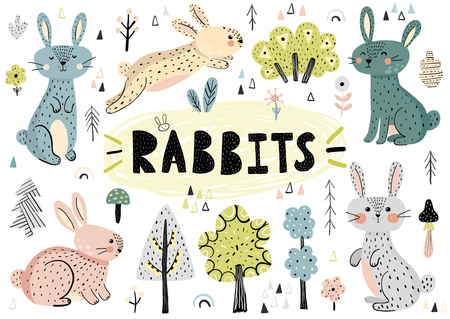Cute rabbits, trees, plants and other hand drawn elements in Scandinavian style. Vector illustrationのイラスト素材