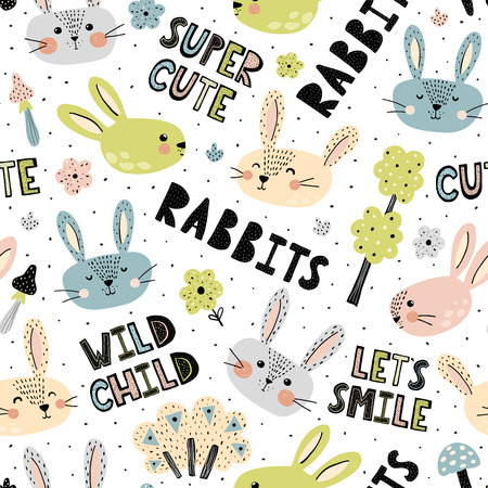 Seamless pattern with cute rabbits and hand drawn lettering. Vector illustrationのイラスト素材