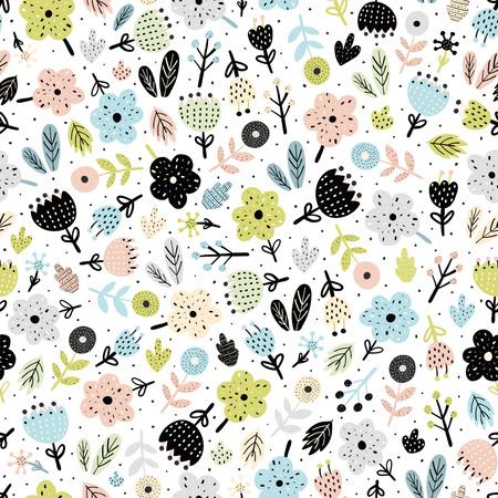 Cute flowers in scandinavian style seamless pattern. Floral background. Vector illustrationのイラスト素材