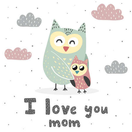 I Love You Mom print with cute owls. Sweet card for Mothers Day. Vector illustrationのイラスト素材
