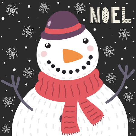 Christmas card with a cute snowman in the snow and the text Noel. Holiday background. Vector illustrationのイラスト素材