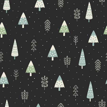 Cute Christmas trees and winter landscape seamless pattern. Cartoon background for kids. Vector illustrationのイラスト素材