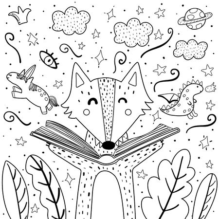 Magic in the books coloring page with cute wolf. Black and white background for adults and children.のイラスト素材