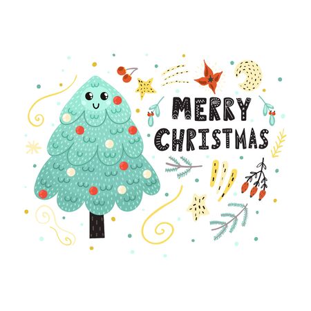 Merry Christmas card with a cute tree. Funny holiday print. Vector illustrationのイラスト素材