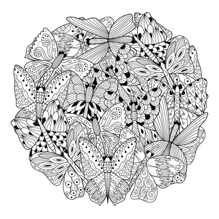 Butterflies circle shape coloring page. Black and white print. Vector illustrationのイラスト素材