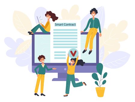 Blockchain smart contract concept with characters. Digital innovation people. Vector illustrationのイラスト素材