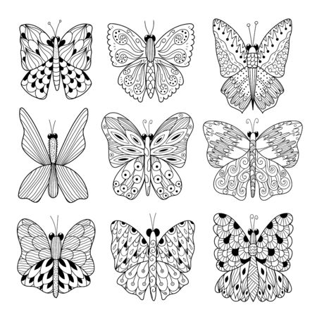 Black and white butterflies collection. Great for coloring page, cards and flyers design. Vector illustrationのイラスト素材