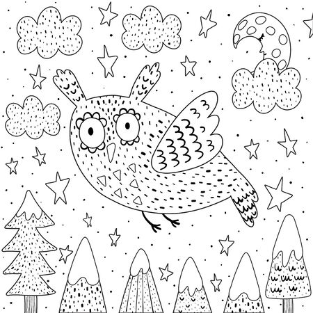 Fantasy owl flying in the sky coloring pageのイラスト素材