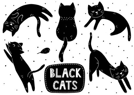 Cute black cat set. Doodle kitten in different poses collectionのイラスト素材