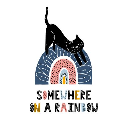Somewhere on a rainbow print with a cute cat. Scandinavian style magic posterのイラスト素材