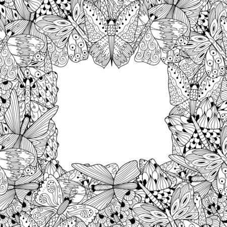 Black and white frame with doodle butterfliesのイラスト素材