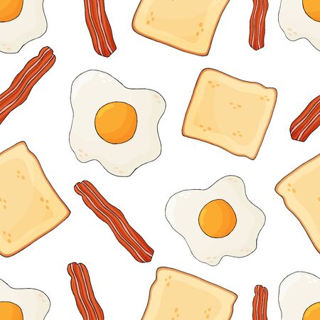 Bacon, scrambled eggs and toast seamless pattern. English breakfast backgroundのイラスト素材