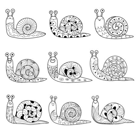 Black and white snails collection. Isolated elements. Great for coloring page, for design and decoration. Vector illustrationのイラスト素材