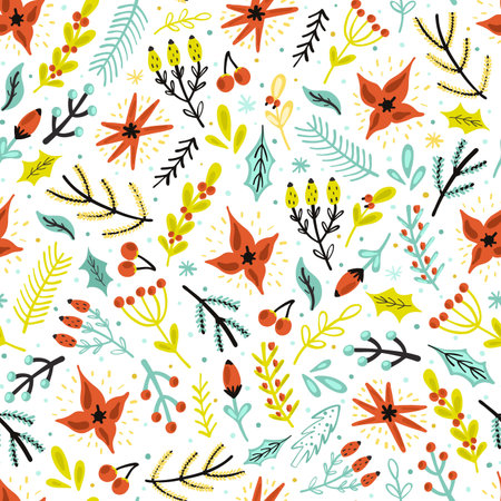 Christmas flowers and plants seamless pattern. Winter background. Vector illustration
