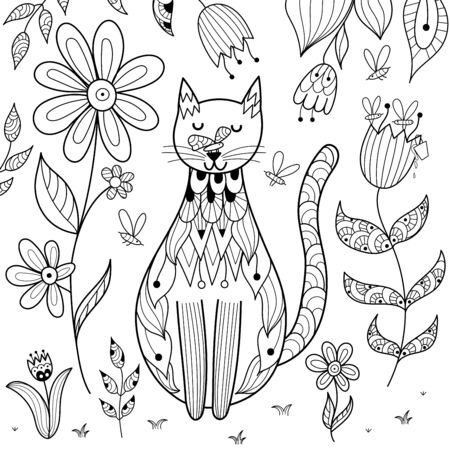 Butterfly sitting on cat nose funny coloring page. Black and white background. Vector illustrationのイラスト素材
