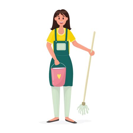 Happy woman with a bucket of water and a mopのイラスト素材