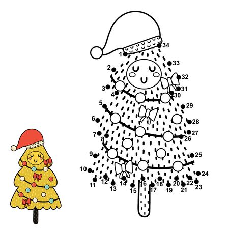 Dot to dot game with a cute Christmas tree in Santa hatのイラスト素材