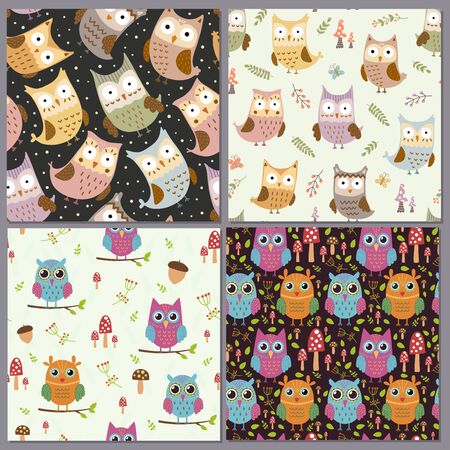 Cute owls seamless patterns set. Funny animals backgroundsのイラスト素材