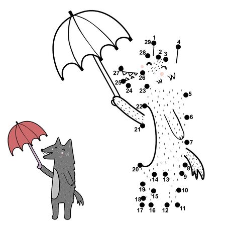 Dot to dot game activity for kids. Connect the points and draw a funny wolf with umbrellaのイラスト素材