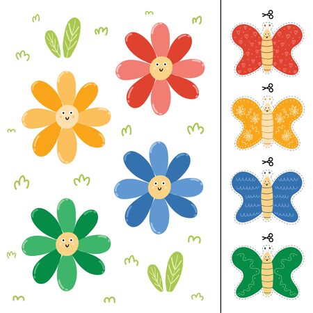Flowers and butterflies color matching game for kidsのイラスト素材