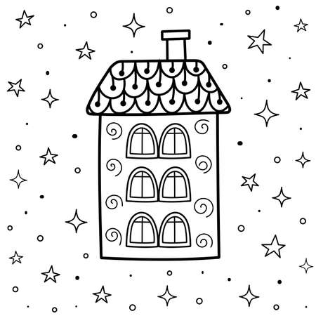 Magic coloring page with ornamental house in zentangle style. Sweet dreams colouring book. Black and white fantasy background. Vector illustrationのイラスト素材