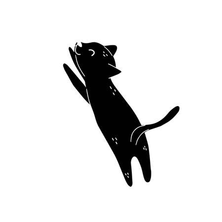 Cute black cat stretching isolated element. Feline character. Funny print for kids designのイラスト素材