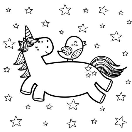 Magic unicorn with his friend bird coloring page. Great for kids colouring bookのイラスト素材