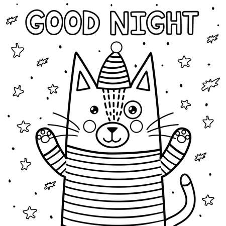 Good night coloring page with a funny cat. Black and white backgroundのイラスト素材