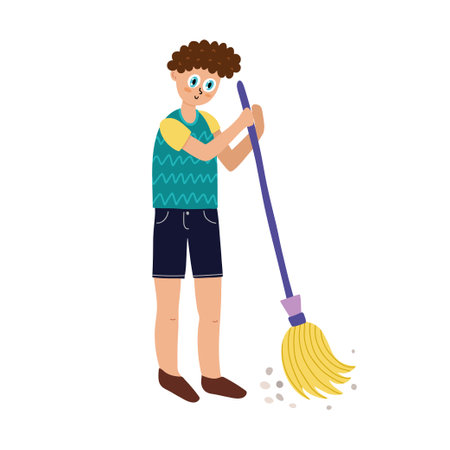Boy sweeping the floor. A young man doing house cleaningのイラスト素材