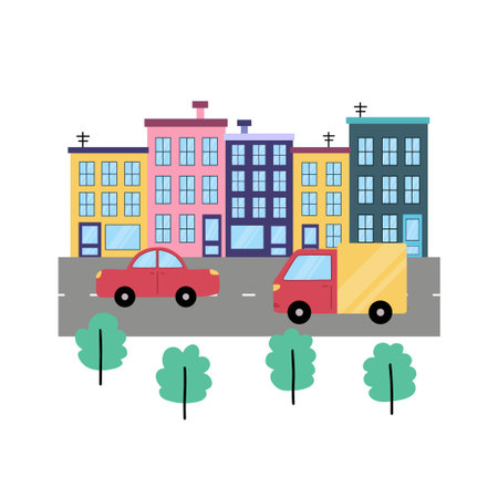 Street background with city buildings, cars and trees. Cute town conceptのイラスト素材