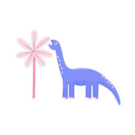 Cute dinosaur eating leaves. Diplodocus chewing palm tree. Funny printのイラスト素材