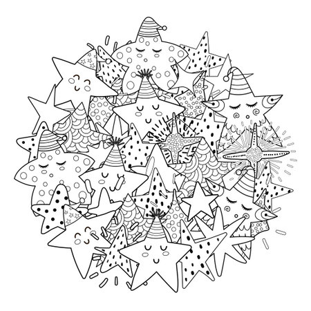 Doodle stars circle shape pattern for coloring book. Black and white printのイラスト素材