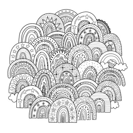 Doodle rainbows circle shape pattern for coloring book. Black and white magic printのイラスト素材