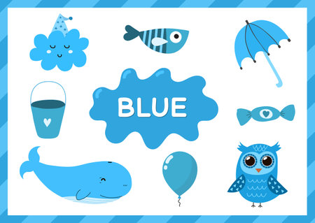 Blue. Educational worksheet for kids. Learning the color blue setのイラスト素材