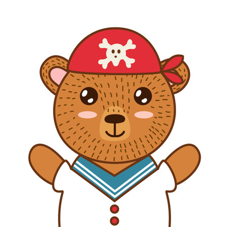 Cute pirate bear. Brown grizzly animal in a red hat. Forest character for kids designのイラスト素材