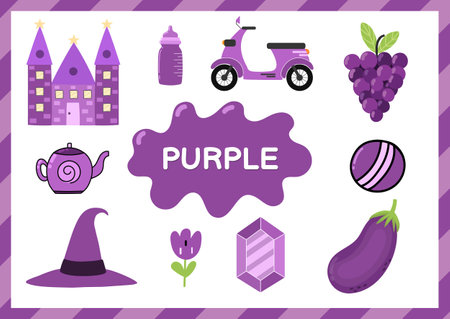 Purple. Educational worksheet for kids. Learning the color purple setのイラスト素材