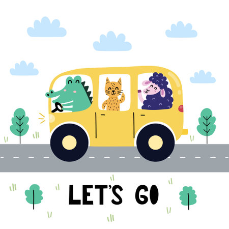 Let s go print with cute crocodile, cat and sheep driving the bus. Funny car backgroundのイラスト素材