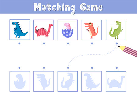 Find the correct shadow matching game with cute dinosaurs. Funny activity page for kidsのイラスト素材