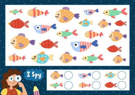 I spy game for kids. Find and count the cute fish. Sea life puzzle for childrenのイラスト素材
