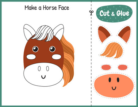 Make a horse face funny game for kids. Cut and glue educational activity pageのイラスト素材