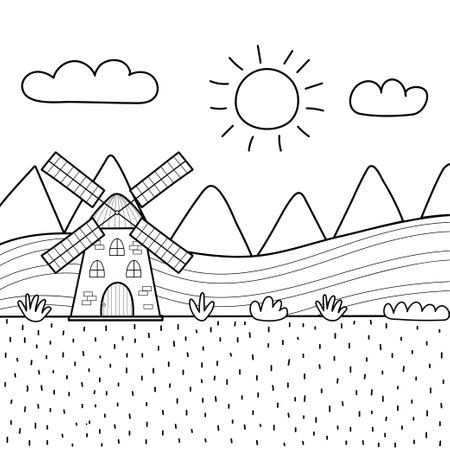 Black and white farm meadow landscape with a mill. Farmhouse on the field backgroundのイラスト素材