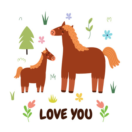 Love You print with a cute mother horse and her baby foalのイラスト素材
