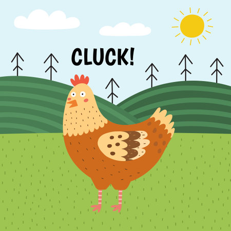 Hen saying cluck print. Cute farm character on a green pasture making a soundのイラスト素材