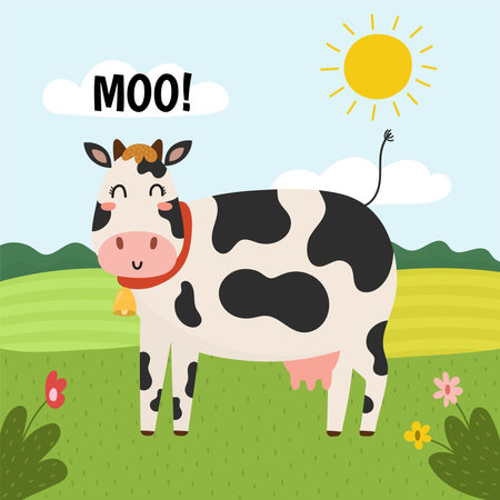 The cow goes moo print. Cute farm character on a green pastureのイラスト素材