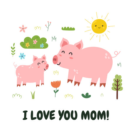I Love You Mom print with a cute mother pig and her baby pigletのイラスト素材