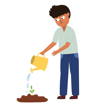 Boy watering plant. Little farmer doing gardening workのイラスト素材
