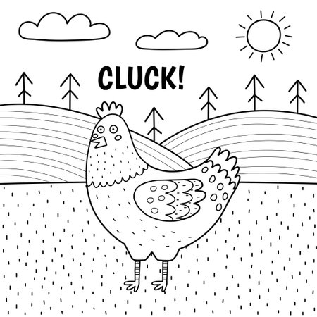 Hen saying cluck black and white print. Cute farm character on a green pastureのイラスト素材